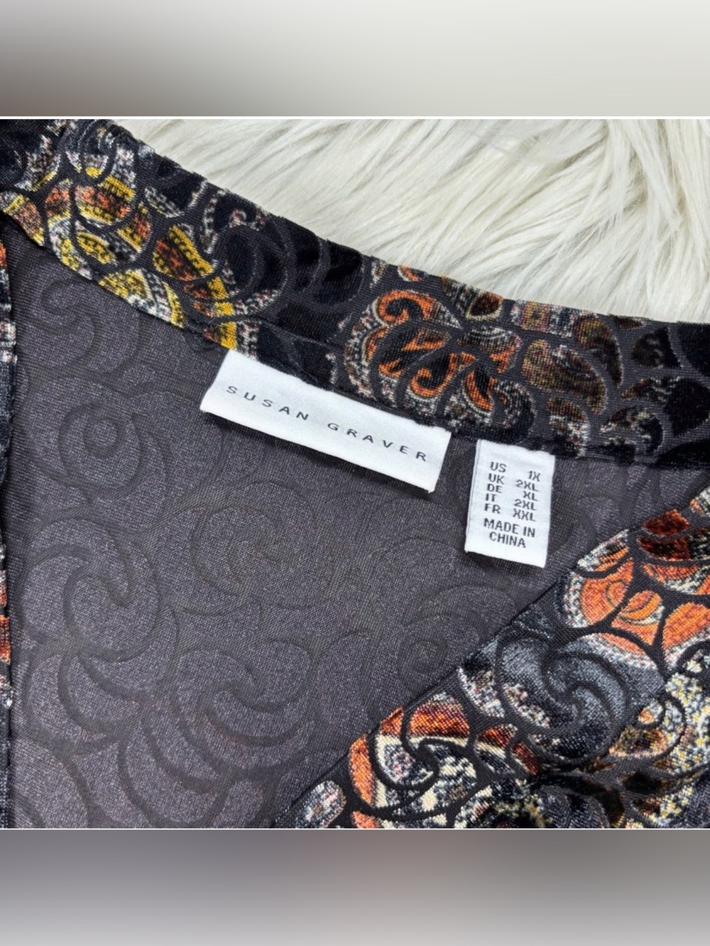 Susan Graver Women's 2X Black Floral Swirl Burn Out Velvet Long Line Cardigan - Picture 3 of 7